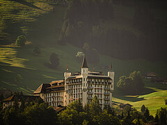 Das Hotel ist in der Mitte vom Bild zu sehen bei einer Sommerlichen Stimmung. Die Umgebung rund um das Palace ist grün.