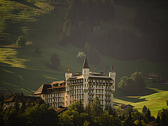 Das Hotel ist in der Mitte vom Bild zu sehen bei einer Sommerlichen Stimmung. Die Umgebung rund um das Palace ist grün.