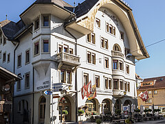 View of the white Hotel Landhaus in Saanen.
