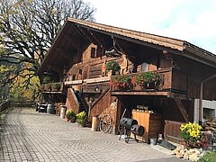 Chalet avec une terrasse en bois et des pots de fleurs.
