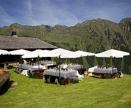 Eine Gruppe von Tischen mit weissen Tüchern und Sonnenschirmen auf einer Wiese, eine Bergkette vor blauem Himmel.