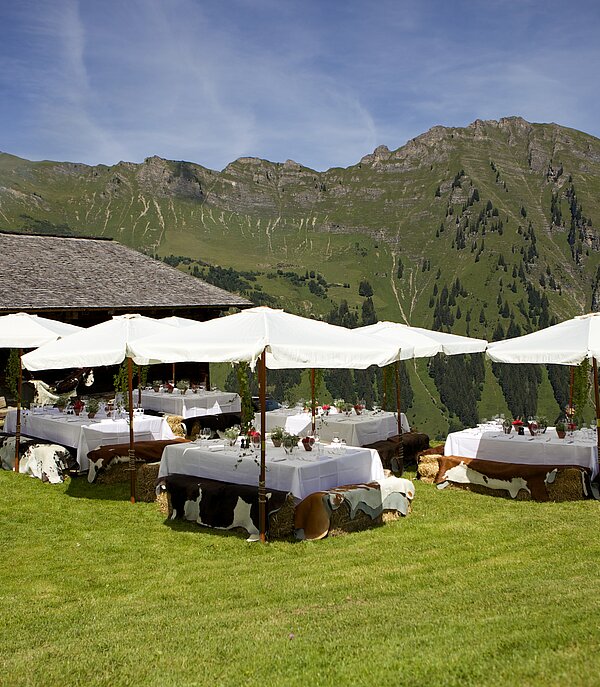 Un groupe de tables recouvertes de nappes blanches et protégées par des parasols dans un pré, avec en arrière-plan une chaîne de montagnes sur fond de ciel bleu.