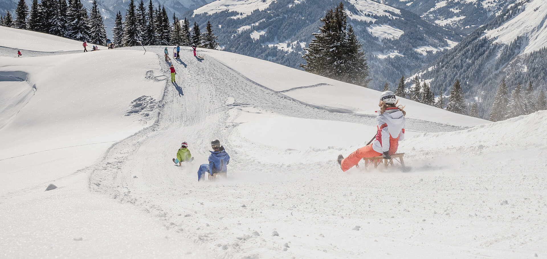  Des enfants descendent une piste en luge sur fond de montagnes enneigées.&nbsp;